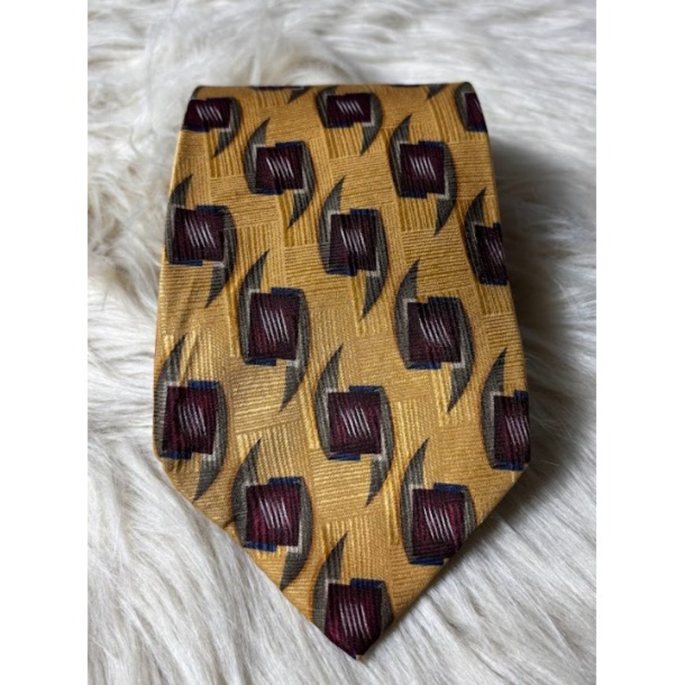 JZ Richards Silk Tie Mens Gold Burgundy Geometric Made‎ USA Luxury Necktie